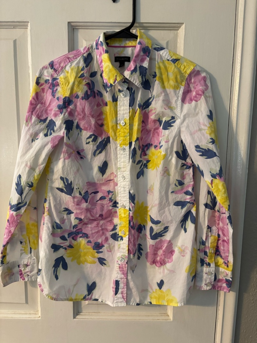 Talbots Floral Button-Down Shirt in White with Pink & Yellow Blooms